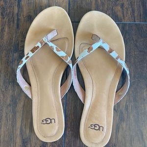 Ugg leather sandals with cow hide print straps, size 7